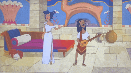 a cartoon drawing of a man playing a guitar and a woman standing next to him