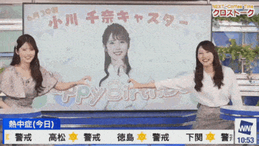 two women standing in front of a screen that says " happy birthday "