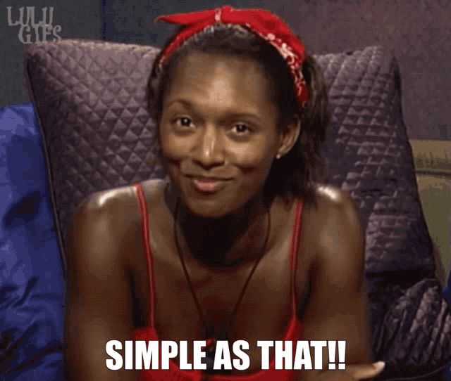 a woman sitting on a couch with the words simple as that