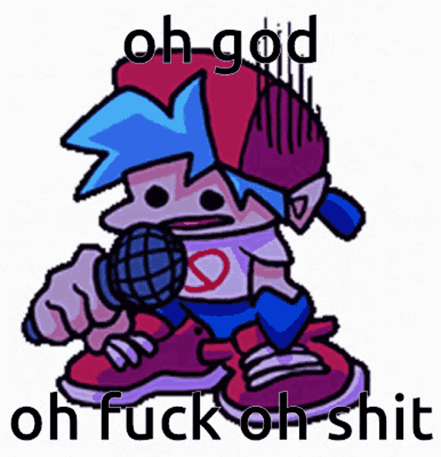 a cartoon character holding a microphone with the words `` oh god oh fuck oh shit '' written on it .