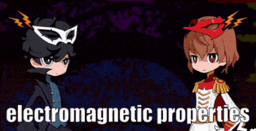two cartoon characters are standing next to each other with the words electromagnetic properties written above them