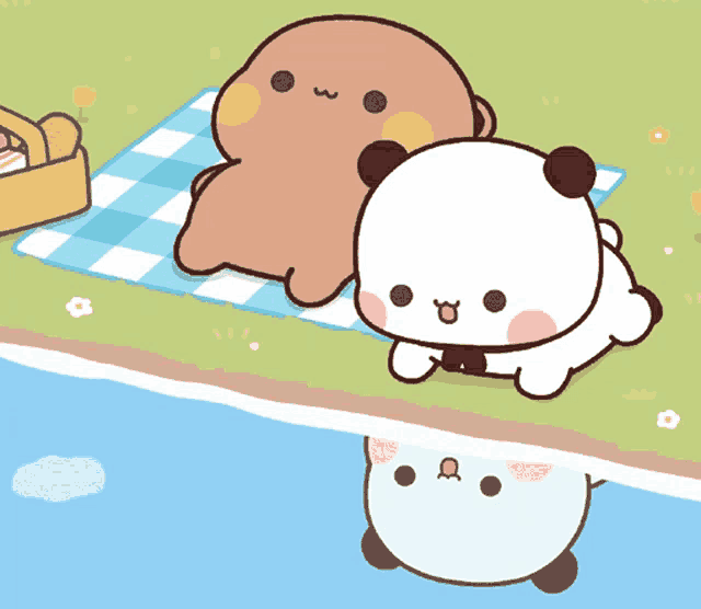 a cartoon of two bears laying on a picnic blanket