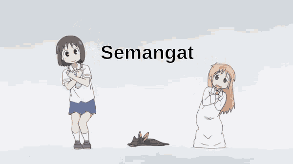 a cartoon of two girls and a dog with the word semangat written below them