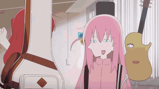 a cartoon of a girl with pink hair and a guitar on her back