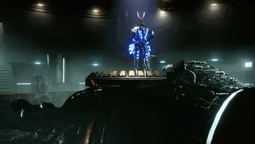 a video game character is standing in a dark room