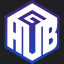 a blue and white logo for a company called hub