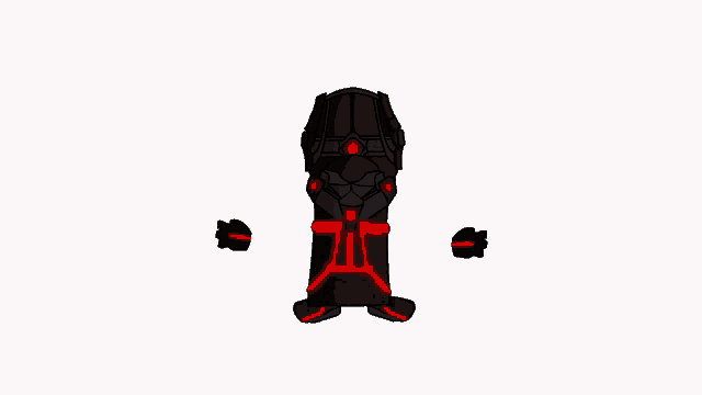 a black and red cartoon character with a helmet and gloves is standing on a white background .