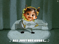 a cartoon character holding a guitar with the words all just because i