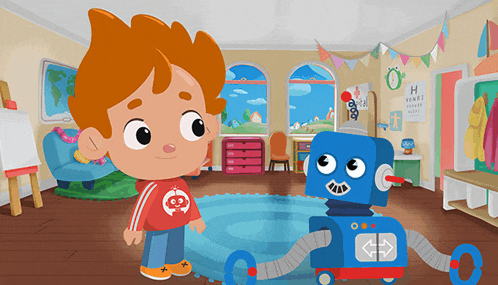 a cartoon drawing of a boy and a blue robot in a room