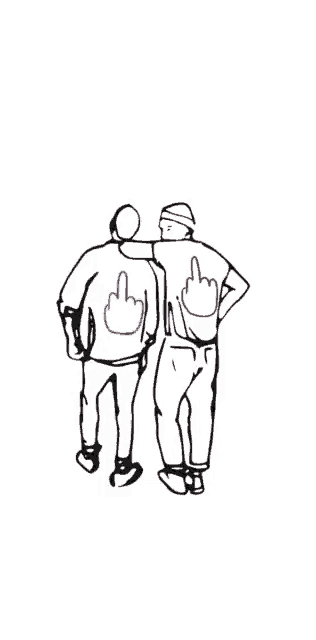 a drawing of two men standing next to each other with the middle finger on the back of their shirts