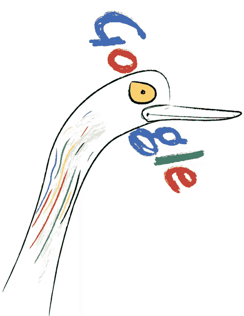 a drawing of a bird with google written on it 's head