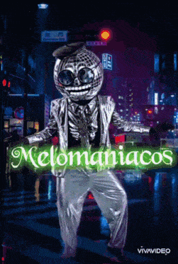 a poster with a skeleton in a disco suit and the words " melomaniacos "