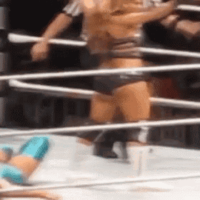 a woman in a wrestling ring with a referee watching