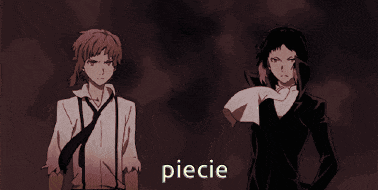 two anime characters are standing next to each other and the word piecie is visible