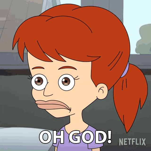 a cartoon of a girl with red hair says " oh god "