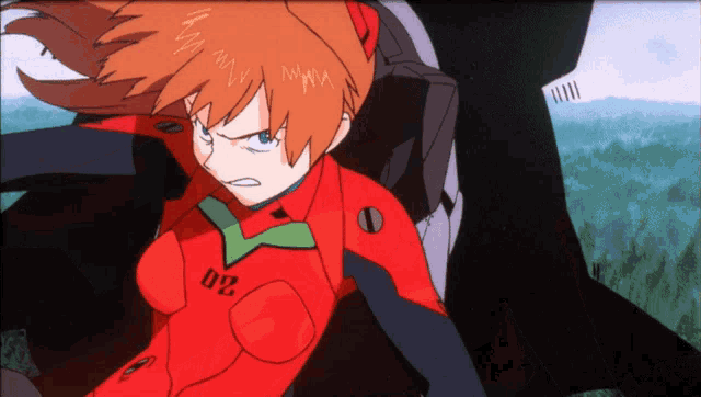 a woman in a red suit with the number 02 on her chest