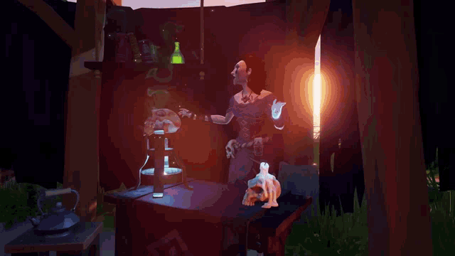 a woman in a video game is standing in front of a table