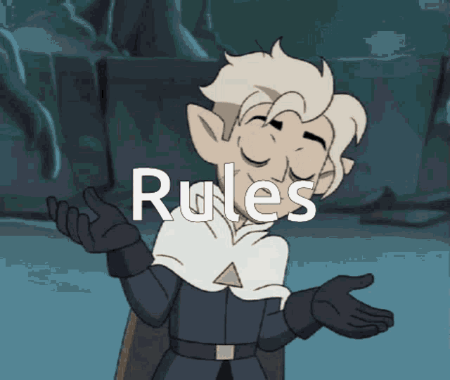 a cartoon character with the word rules on the bottom