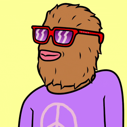 a cartoon of a chewbacca wearing sunglasses and a peace sign shirt