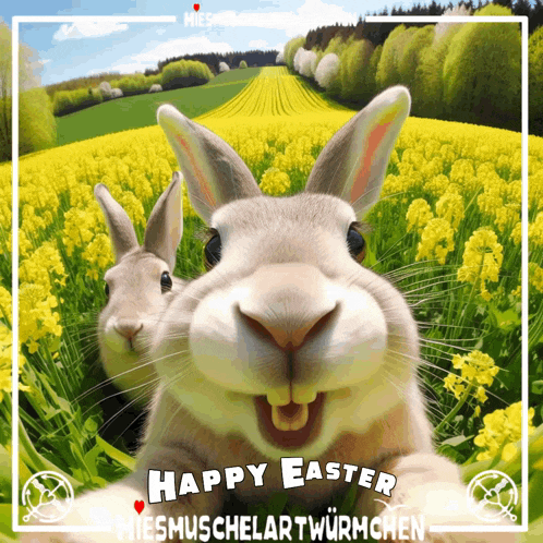 a picture of two rabbits with the words happy easter