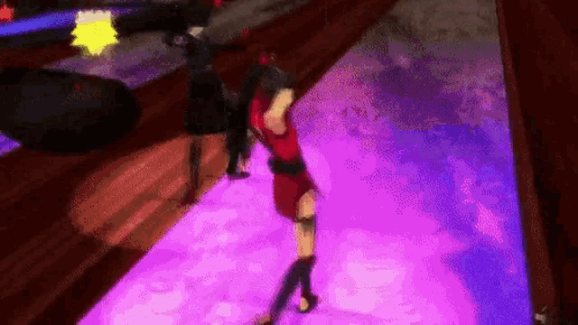 a woman in a red dress is dancing on a purple floor in a video game .