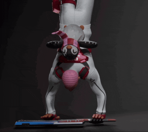 a cartoon character is doing a handstand with the letter x on her pants