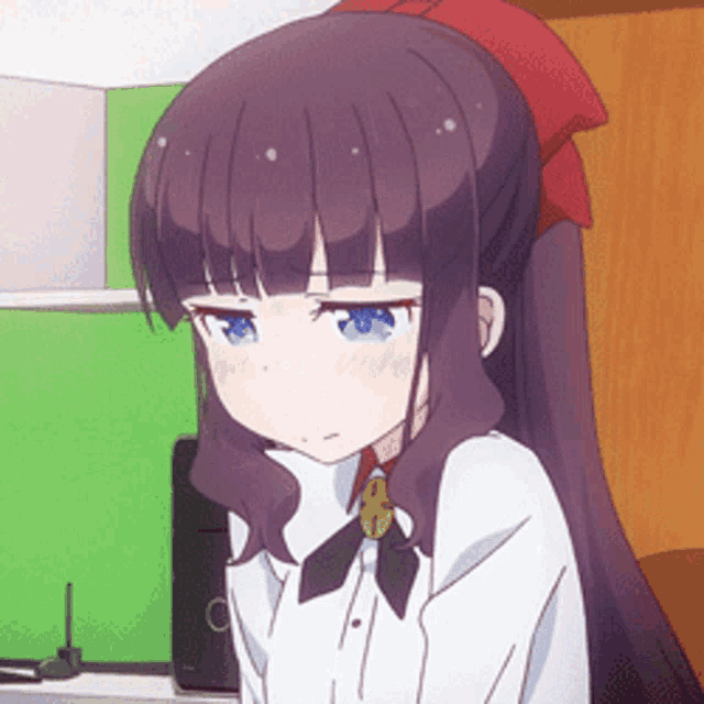 a girl with purple hair and blue eyes is wearing a white shirt and tie