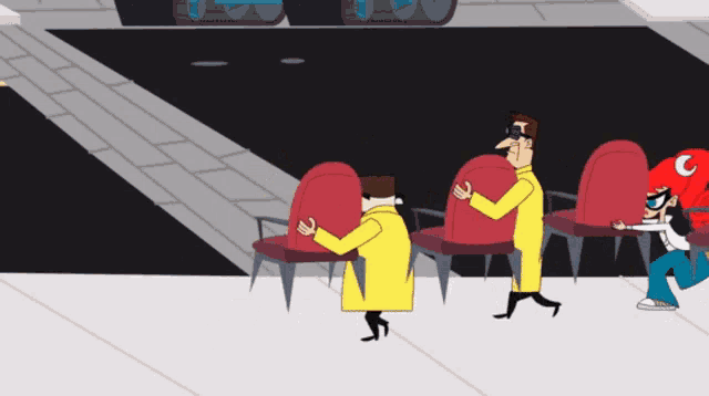 a cartoon drawing of a man in a yellow coat carrying a chair