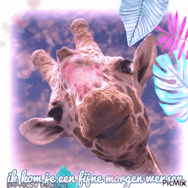 a picture of a giraffe with the caption " ik kom je een fijne morgen meren "