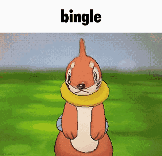 a cartoon squirrel with a yellow scarf around its neck and the word bingle above it