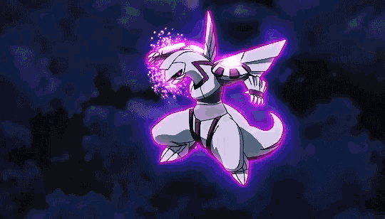 a purple and white cartoon character with a sword