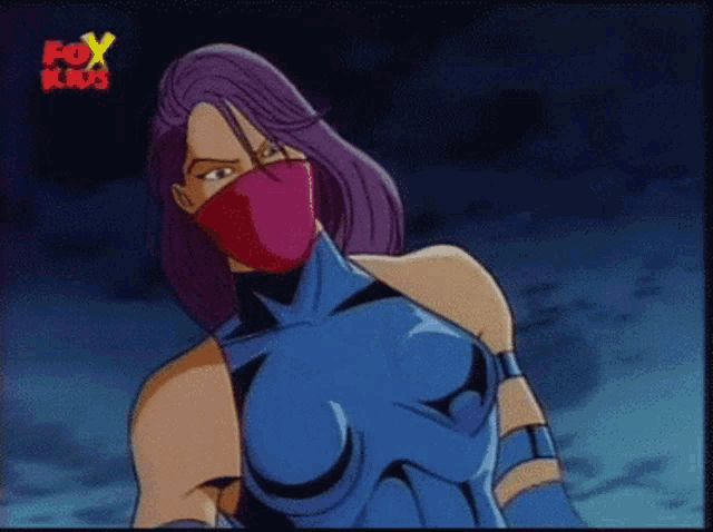 a fox kids cartoon of a woman with purple hair and a red mask