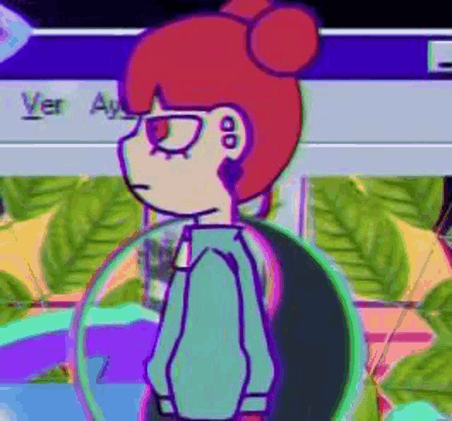 a cartoon girl with red hair is standing in front of a computer screen with the word ver on it