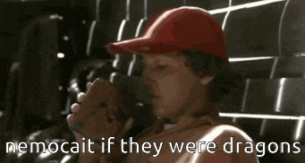 a man in a red hat is drinking from a cup with the words " nemocat if they were dragons " written below him
