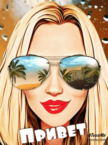a cartoon of a woman wearing sunglasses with a reflection of palm trees in her glasses