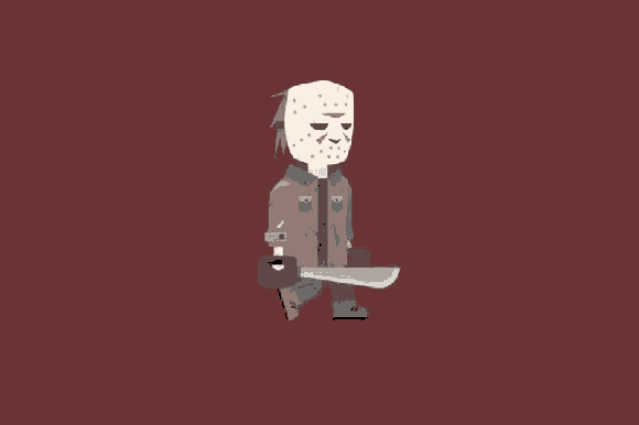 a cartoon of jason voorhees from friday the 13th walking with a sword .