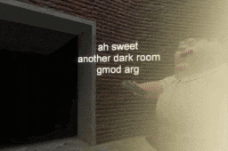 a man holding a gun in front of a dark room with the words ah sweet another dark room gmod arg written on the wall