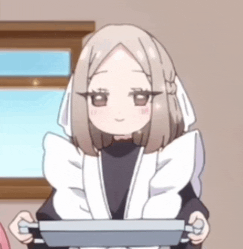 a girl in a maid outfit is holding a pan