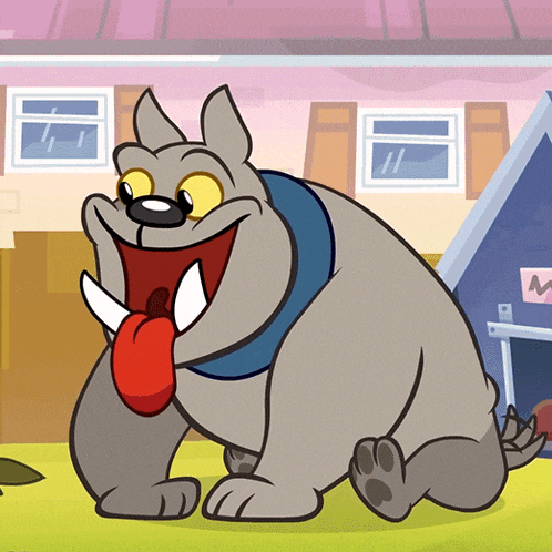 a cartoon dog with its tongue hanging out in front of a doghouse