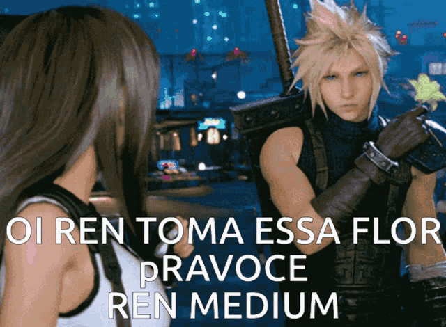 a man and a woman are standing next to each other with the words " oi ren toma essa flor " below them