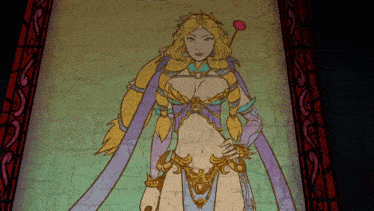 a painting of a woman in a purple and gold outfit