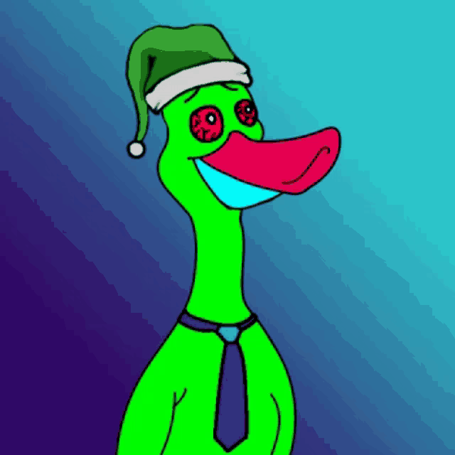 a green duck wearing a santa hat and a tie
