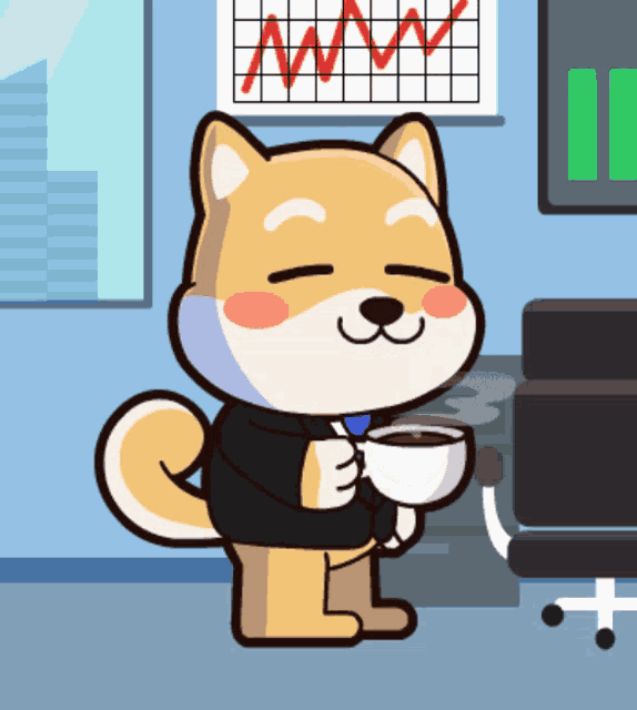 a cartoon dog is holding a cup of coffee in front of a graph