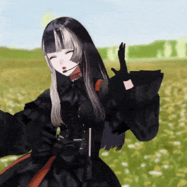 a girl in a black dress with a microphone on her head is standing in a field