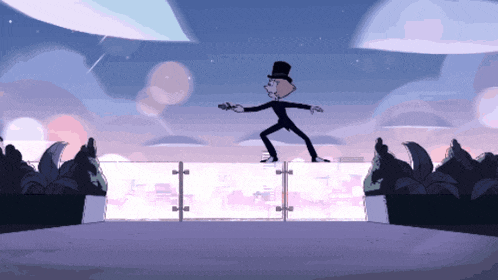 a cartoon character in a top hat is standing on a ledge