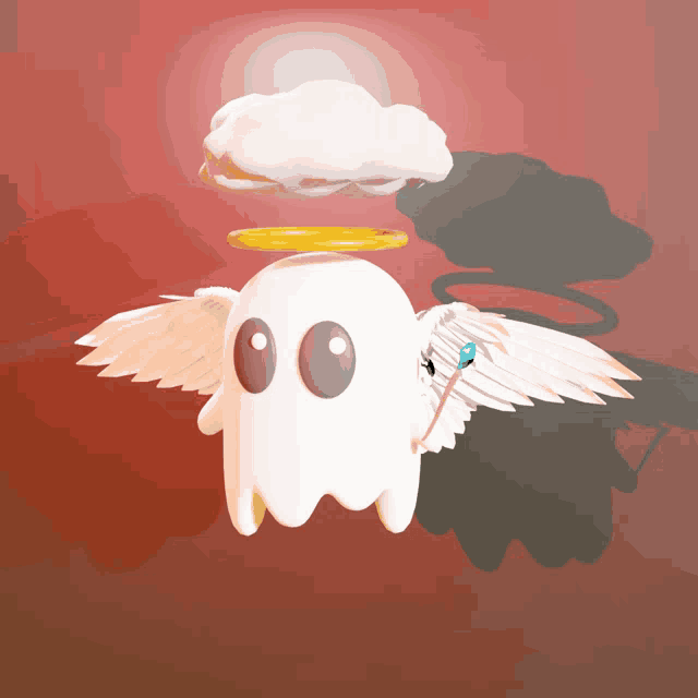 a cartoon ghost with angel wings and a cloud on its head