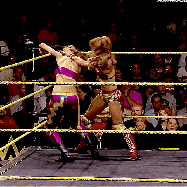 two women are wrestling in a ring with the next thing written on the bottom right