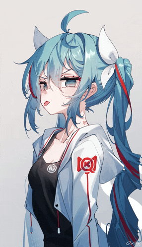 a drawing of a girl with blue hair and a hoodie with the number 01 on it