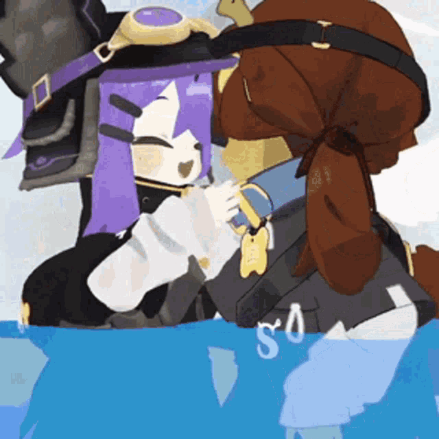 a cartoon character with purple hair and a hat is in the water with the letter s visible
