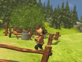 a cartoon character is standing behind a wooden fence in a grassy field